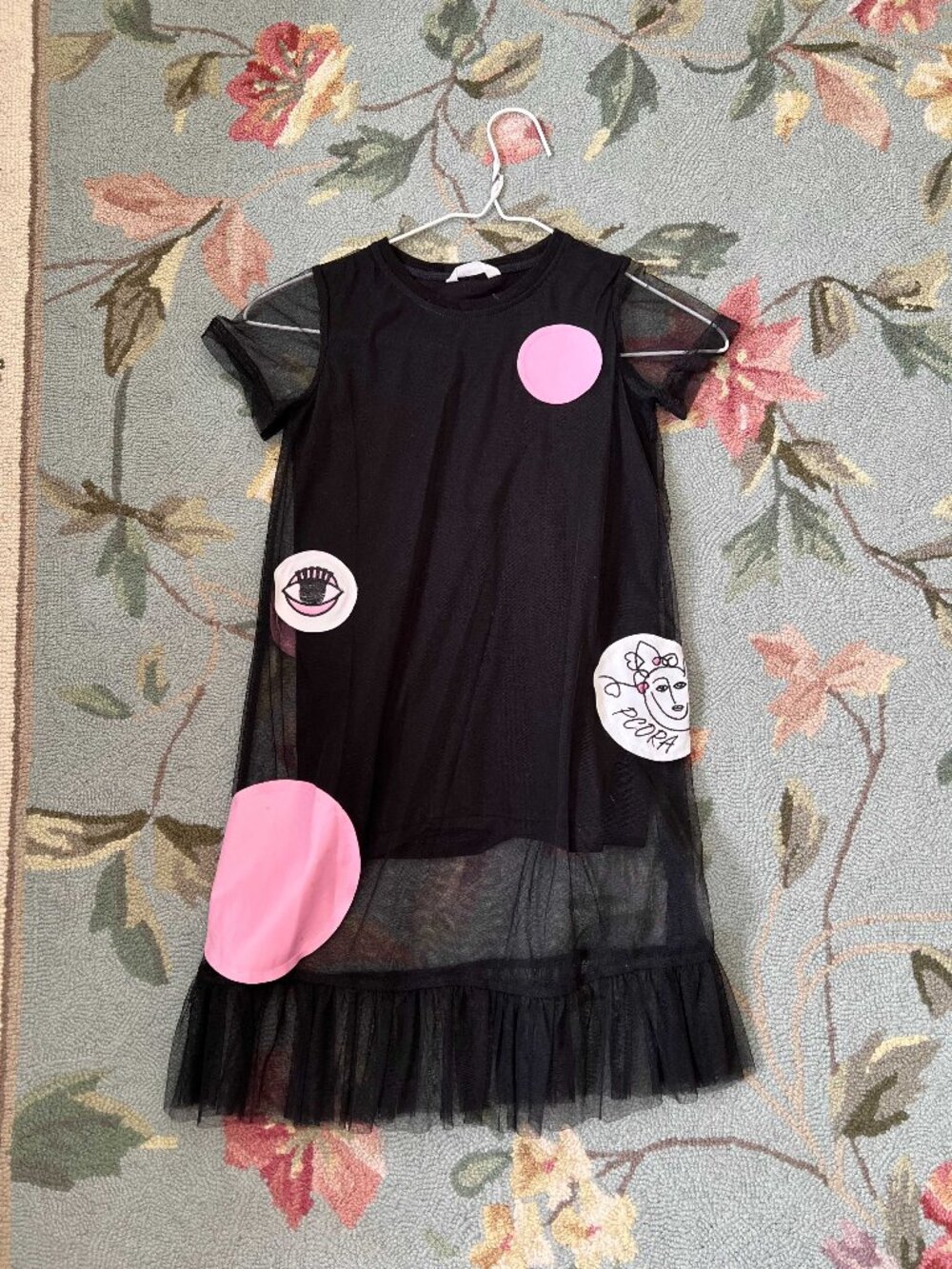 PCORA Girls Black Mesh Overlay Dress with Pink Patches Size 8